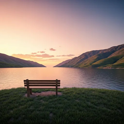 Un paisaje sereno al atardecer con un banco de madera solitario mirando hacia un lago tranquilo, en tonos lavanda y dorado.